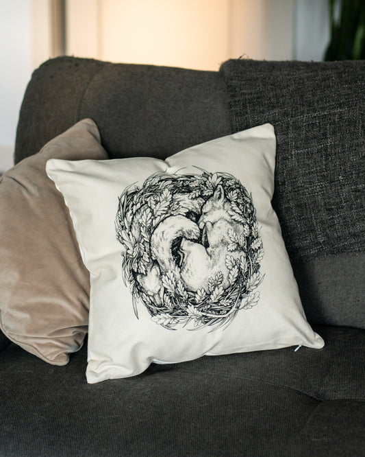 Nesting Foxes Pillow - in studio